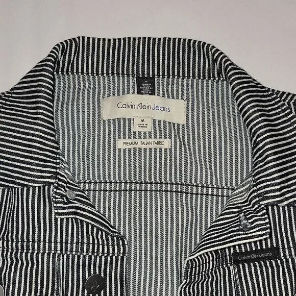 Calvin Klein Clean Line Trucker Teddy Stripe Engineer Denim Jacket NWOT Size M - Picture 3 of 10
